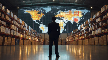 A businessman stands in a vast warehouse, gazing at a large world map projection displaying data insights, symbolizing logistics and global strategy in modern business environments.の素材