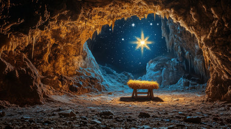 A serene cave scene illuminated by a starry night sky, featuring a simple straw bed. The glowing cave walls create an atmosphere of tranquility and wonder.の素材