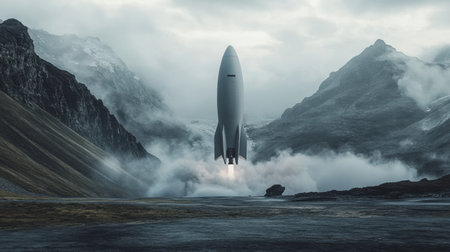 A sleek rocket launches dramatically from a mountainous terrain, surrounded by clouds and smoke. This captivating scene evokes themes of exploration and innovation.の素材