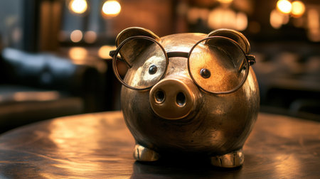 A charming vintage piggy bank with glasses sits on a wooden table in a cozy cafe, creating a playful focal point for finance and savings themes.の素材