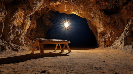 A peaceful cave interior featuring a wooden bench illuminated by a starburst light. The warm glow creates a tranquil atmosphere, ideal for reflection and solitude.の素材