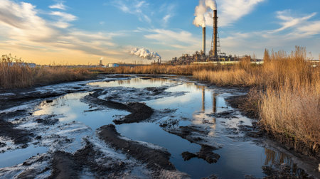 An industrial landscape featuring tall smoke stacks against a vibrant sky, reflecting in a calm water body surrounded by dirt and grass, showcasing environmental impact.の素材