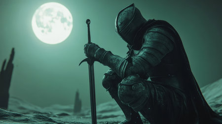 A solitary warrior in dark armor kneels holding a sword beneath the glowing full moon. This mystical landscape evokes themes of bravery, mystery, and adventure.の素材