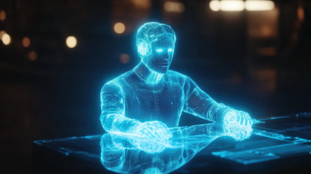 A futuristic holographic human figure sits at a table, illuminated with glowing blue light. This digital visualization explores the intersection of technology and imagination.の素材