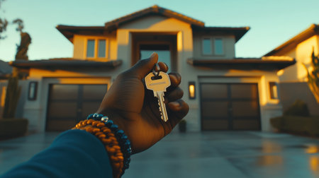 A person holds a key in hand in front of a modern home during sunset, symbolizing new beginnings and the excitement of homeownership. Perfect for real estate themes.の素材