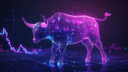 This digital artwork features a holographic bull, representing growth and optimism in the financial market. Vibrant neon colors illuminate the scene, enhancing the futuristic feel.の素材