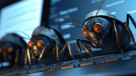 Unique artistic representation of insects on a laptop keyboard, blending nature and technology. A captivating image illustrating creativity and imagination in a modern workspace.の素材