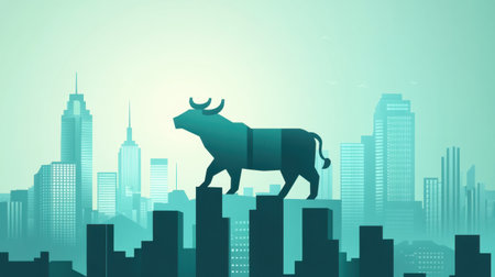 This illustration features a bull superimposed on a city skyline, representing financial growth and optimism in the market. Ideal for financial sectors.の素材