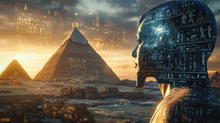 Breathtaking view of Egyptian pyramids at sunset with a mystical head sculpture featuring hieroglyphs. A fusion of history and art in a desert landscape.の素材