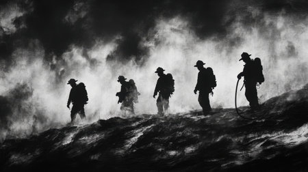 Heroic firefighters confront fierce flames amid swirling smoke in this striking black-and-white image. Their silhouettes convey strength and determination.の素材