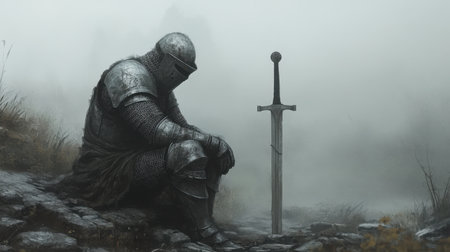 A solitary knight in weathered armor sits beside his sword in a foggy landscape, evoking feelings of melancholy and introspection amid nature's beauty.の素材