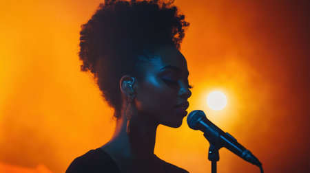 A captivating singer with an elegant afro hairstyle performs under warm, glowing lights. The intimate atmosphere enhances the emotional connection to music and artistry.の素材