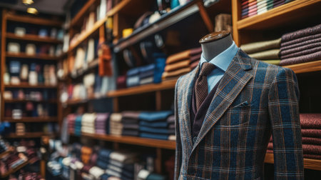 A finely tailored suit stands out in a luxurious fabric store. The rich textures and patterns showcase exquisite craftsmanship and timeless elegance, inviting a closer look.の素材
