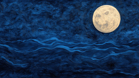 A captivating night sky displays a bright full moon above abstract blue waves, creating a tranquil and serene atmosphere perfect for relaxation and reflection.の素材