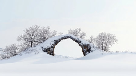 A stunning winter scene featuring a natural rock arch blanketed in snow, surrounded by bare trees. This serene landscape captures the beauty of nature in a peaceful setting.の素材