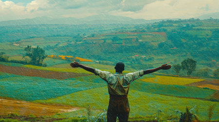 A man stands with arms raised, embracing the beauty of lush green hills and vibrant fields under dramatic rainy clouds, highlighting a serene rural landscape.の素材