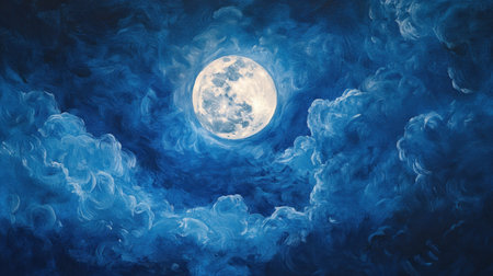 This artwork features a stunning bright full moon surrounded by dramatic blue clouds, creating a serene night sky atmosphere perfect for relaxation and inspiration.の素材