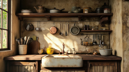 A rustic kitchen scene showcasing vintage decor, wooden shelves, and a sink. Sunlight filters through the window, creating a warm and inviting atmosphere.の素材
