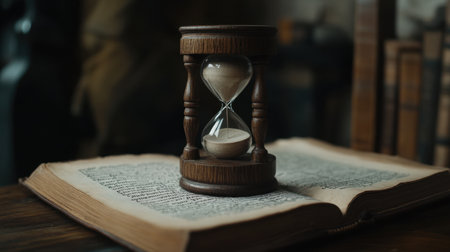 A beautifully crafted antique hourglass rests on an open book in a cozy library setting, symbolizing the passage of time and the pursuit of knowledge in a serene atmosphere.の素材