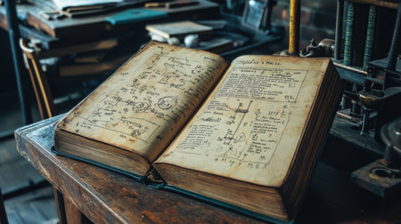 This vintage open book features handwritten notes and diagrams, reflecting a rich history of knowledge. Perfect for education and creativity themes.の素材