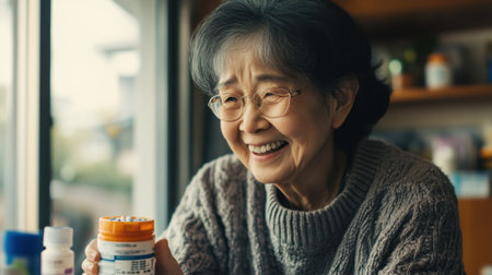 An elderly woman smiles warmly while holding a medication jar in a cozy kitchen. The image captures the essence of health and happiness in daily life, highlighting her joyful demeanor in a comforting setting.の素材