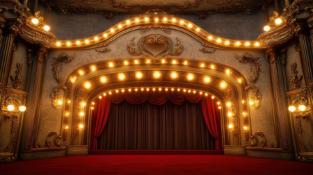 An elegant theatre stage featuring golden lights and rich red curtains. This stunning backdrop highlights the artistry and ambiance of a classic performance space.の素材
