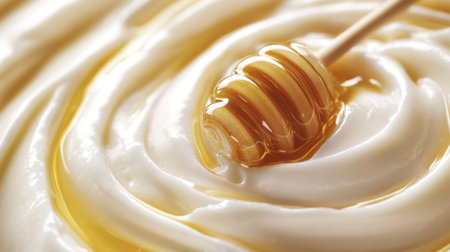 A mouthwatering close-up image showcasing honey drizzling over a smooth, creamy yogurt surface, highlighting the enticing textures and rich colors of this delightful food combination.の素材