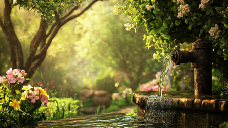 A serene garden scene featuring a charming water fountain surrounded by vibrant flowers and lush greenery. Enjoy the calming atmosphere and natural beauty.の素材