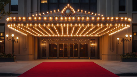 A captivating view of an elegant theater entrance adorned with bright marquee lights and a plush red carpet, inviting guests to a glamorous evening event.の素材