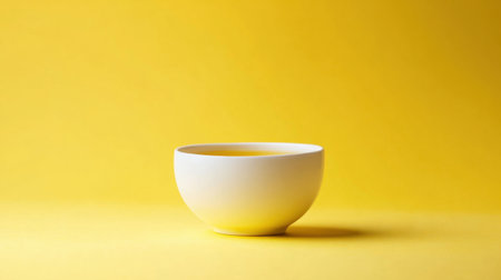 A minimalist white bowl positioned on a vibrant yellow background, creating a striking visual contrast. Ideal for showcasing food or beverage concepts.の素材