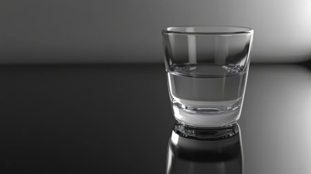A clear glass containing water sits gracefully on a glossy surface. The soft lighting enhances the simplicity and elegance of the composition, making it ideal for various design projects.の素材