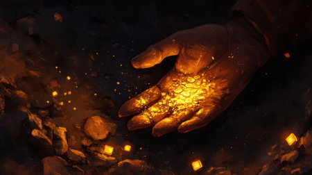 A close-up view of a hand holding shining gold nuggets amidst a dark excavation scene, capturing the essence of treasure hunting and the allure of hidden wealth.の素材