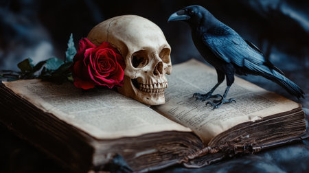 This striking still life features a skull, a raven, and a red rose resting on an open antique book, capturing themes of mystery and darkness with elegance.の素材