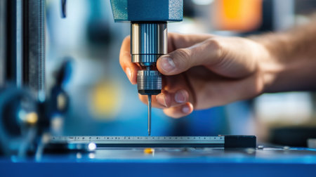 Close-up of a hand skillfully operating a CNC machine tool in a manufacturing environment, showcasing precision and advanced technology in metalworking processes.の素材