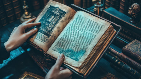 A pair of hands delicately holds an open antique book, revealing intricate pages amid a vintage library backdrop. The scene invites exploration and reflection.の素材