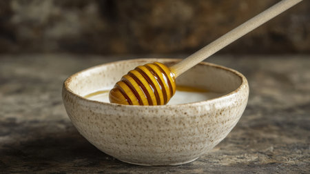 A closeup image of a honey dipper resting in a rustic bowl filled with creamy texture. The golden honey glistens, enhancing any culinary creation.の素材
