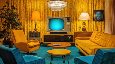 A captivating retro living room featuring vibrant yellow furniture and mid-century decor. This cozy space exudes nostalgia with its vintage television and cheerful atmosphere.の素材