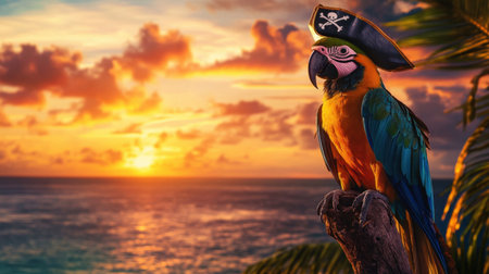 A vibrant parrot wearing a pirate hat perches on a branch at sunset, overlooking a serene ocean view. The colorful scene evokes adventure and tranquility.の素材