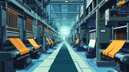 Experience a dynamic textile factory interior featuring advanced machinery and vibrant fabrics. The spacious layout emphasizes productivity and modern manufacturing processes.の素材