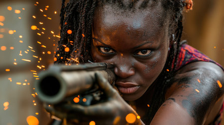 A young woman with a fierce expression aims a firearm, embodying strength and determination. The scene is dynamic with sparks flying, showcasing resilience and focus.の素材
