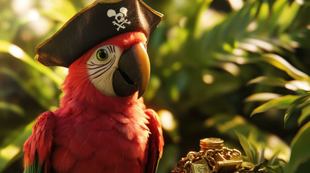 A vibrant parrot wearing a pirate hat stands proudly among lush greenery, holding a treasure chest. The whimsical scene captures the spirit of adventure and fantasy.の素材