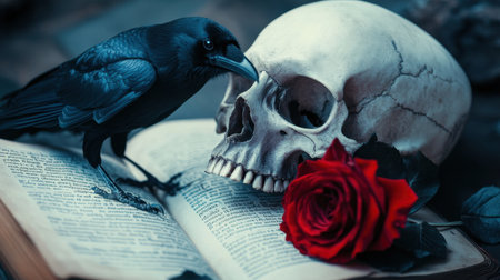 A dark and moody still life featuring a raven on a skull, accompanied by a vibrant red rose atop an open book, symbolizing the interplay of life and death.の素材