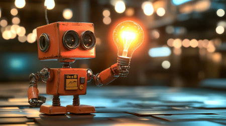 A charming retro robot holds a glowing light bulb, symbolizing creativity and innovation. Set in a warm, vintage atmosphere that inspires imagination.の素材