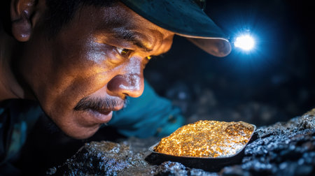 A dedicated miner inspects a gleaming gold nugget under a light in a dark cave, showcasing the hard work and excitement of treasure hunting in nature.の素材