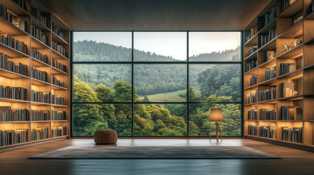 A cozy modern library features large windows that offer stunning views of a lush landscape, inviting tranquility and comfort for reading and relaxation.の素材