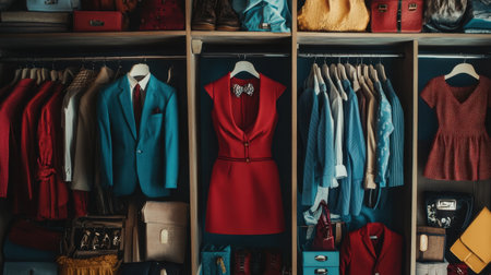 A beautifully organized wardrobe showcasing a variety of colorful clothing and chic accessories. Ideal for inspiration in fashion storage and organization.の素材