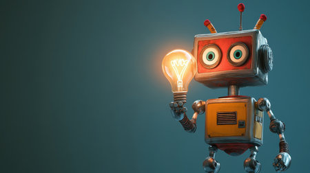 A charming retro robot character holding a glowing light bulb, representing creativity and innovation. This whimsical image combines technology and playfulness, perfect for various design projects.の素材