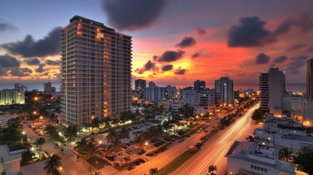 A stunning city skyline at sunset with modern buildings and vivid colors. The scene showcases a blend of urban life and natural beauty, perfect for travel themes.の素材