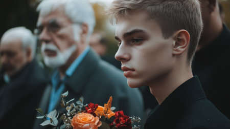 A young man stands at an outdoor funeral service, holding a colorful flower, embodying emotion and contemplation in a solemn moment of remembrance.の素材
