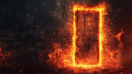 This striking image features a wooden door engulfed in flames, surrounded by dark smoke. It symbolizes mystery and danger, evoking a sense of adventure.の素材